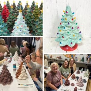 Finished ceramic Christmas trees in colorful glazes, alongside guests painting their own vintage trees during a Walls of Clay workshop in Downtown McKinney.