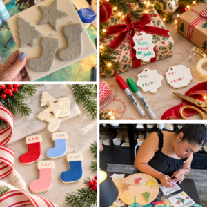 Handmade clay Christmas ornaments featuring textured designs, personalized stockings, and reusable gift tags, alongside a guest painting ornaments at a Walls of Clay workshop in Downtown McKinney.