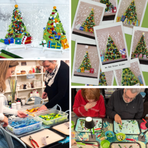 Colorful fused glass Christmas trees and guests selecting and arranging glass pieces during a Walls of Clay workshop in Downtown McKinney.